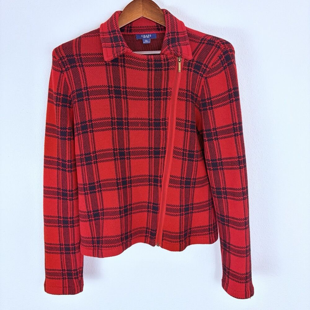 CHAPS Red & Black Plaid Jacket/Blazer, 100% Cotton, Size L, Long Sleeve